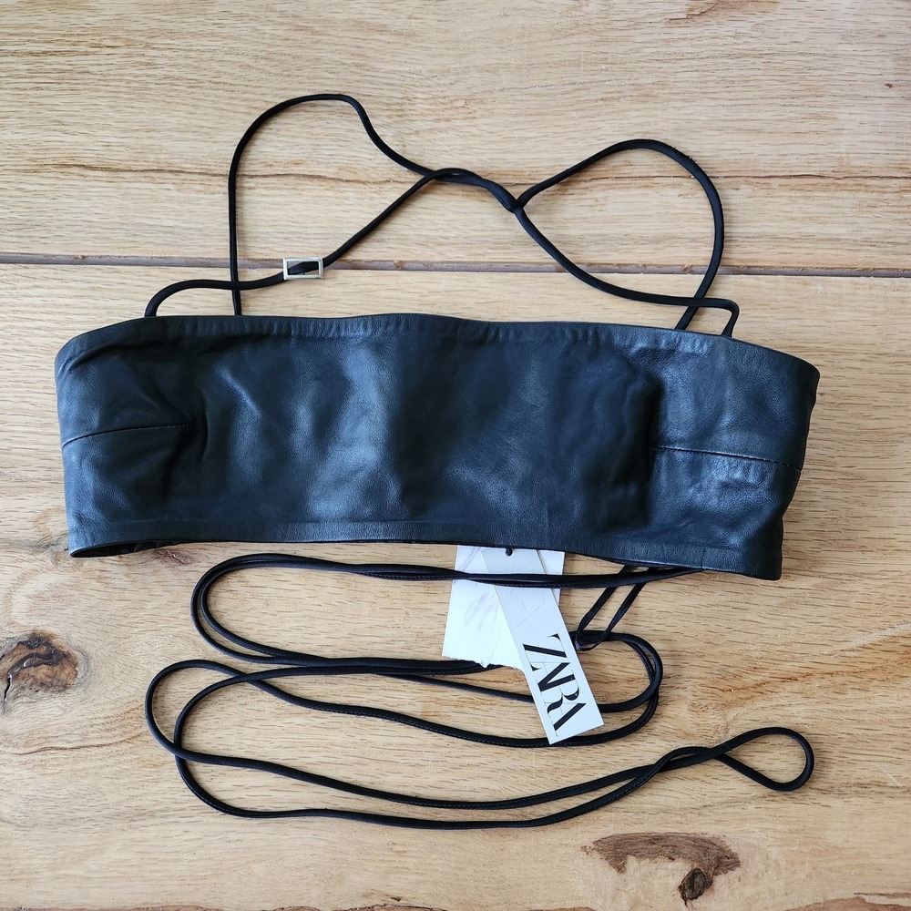 Zara + KAIA Leather Crop Top‎ With Ties Size Small Black Sheepskin Bra Top NWT